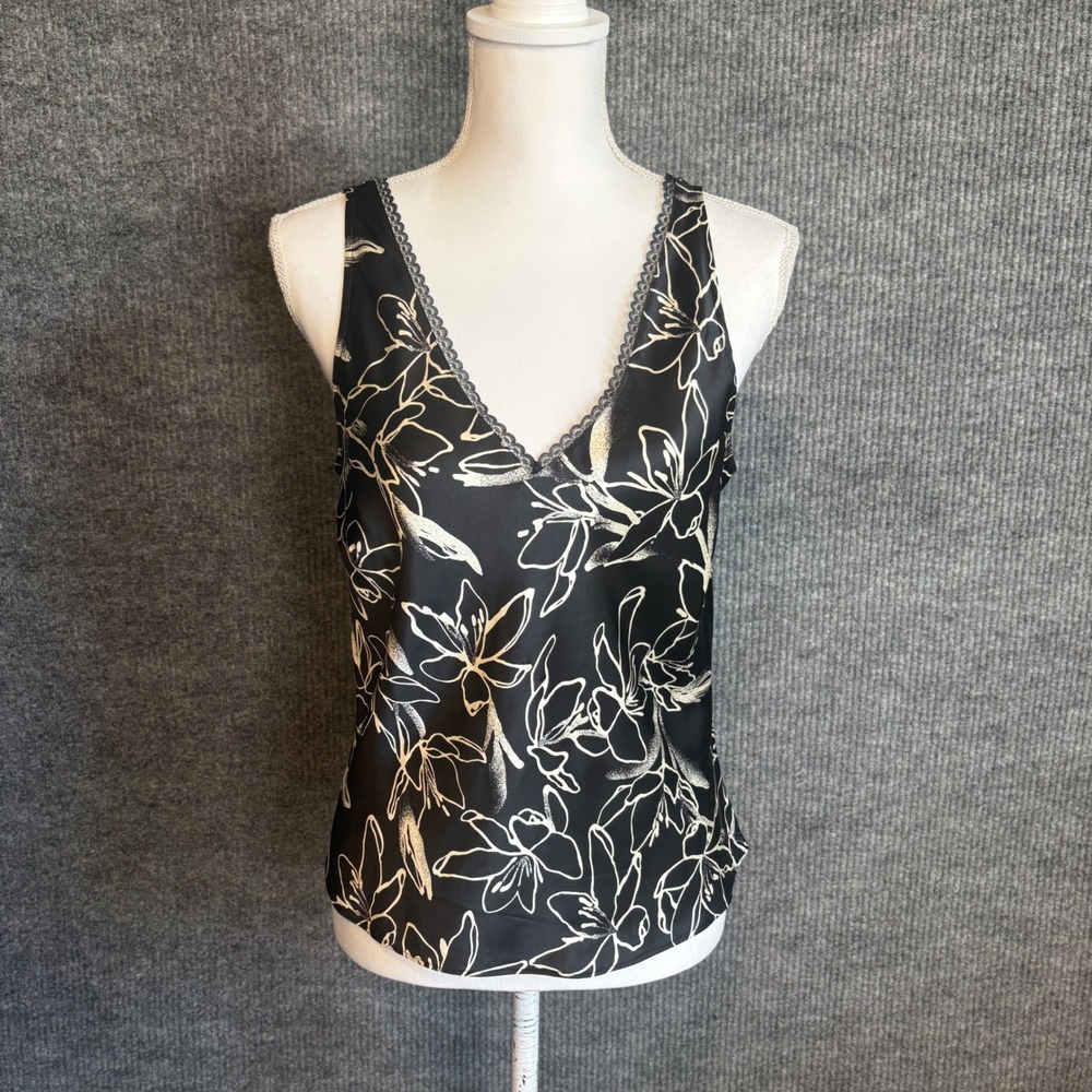 Sunny Leigh 100% Silk Floral Lace Trim Tank Top Womens L Y2K Black Cream